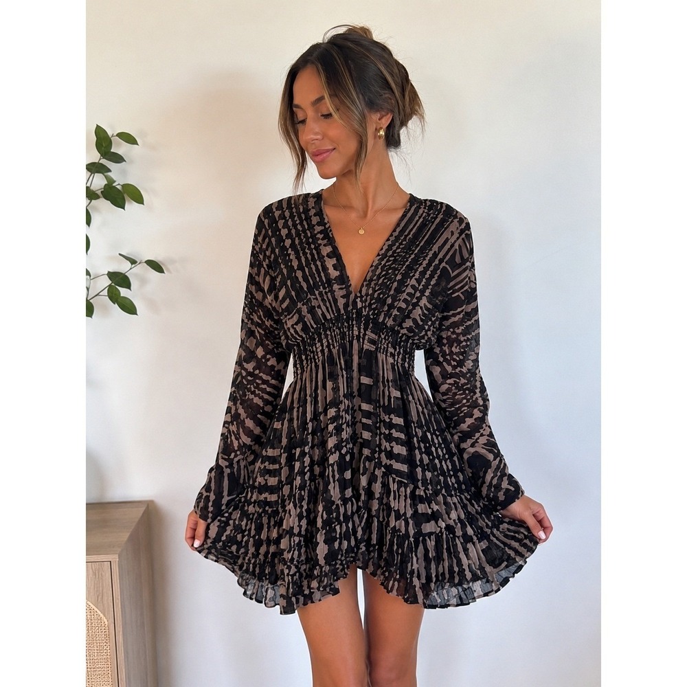 MISA Los Angeles XS Mini Dress Black Taupe Abstract Smocked Waist NWT